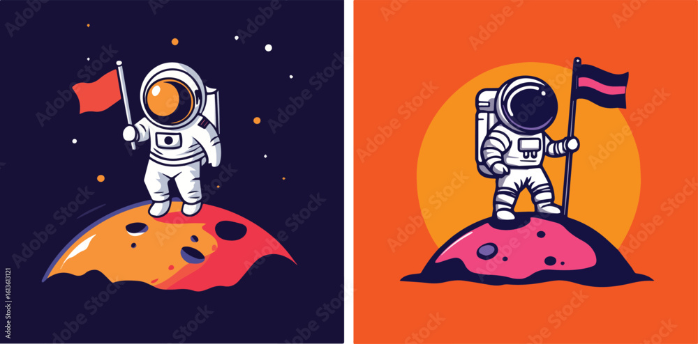 Naklejka premium Astronaut planting flag on new planet surface vector illustration set, spaceman discovery mission, cosmic exploration concept for science fiction graphic