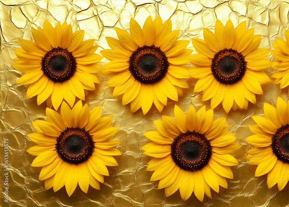 Obraz premium Fresh Yellow Sunflowers with Brown Centers on Gold Textured Background