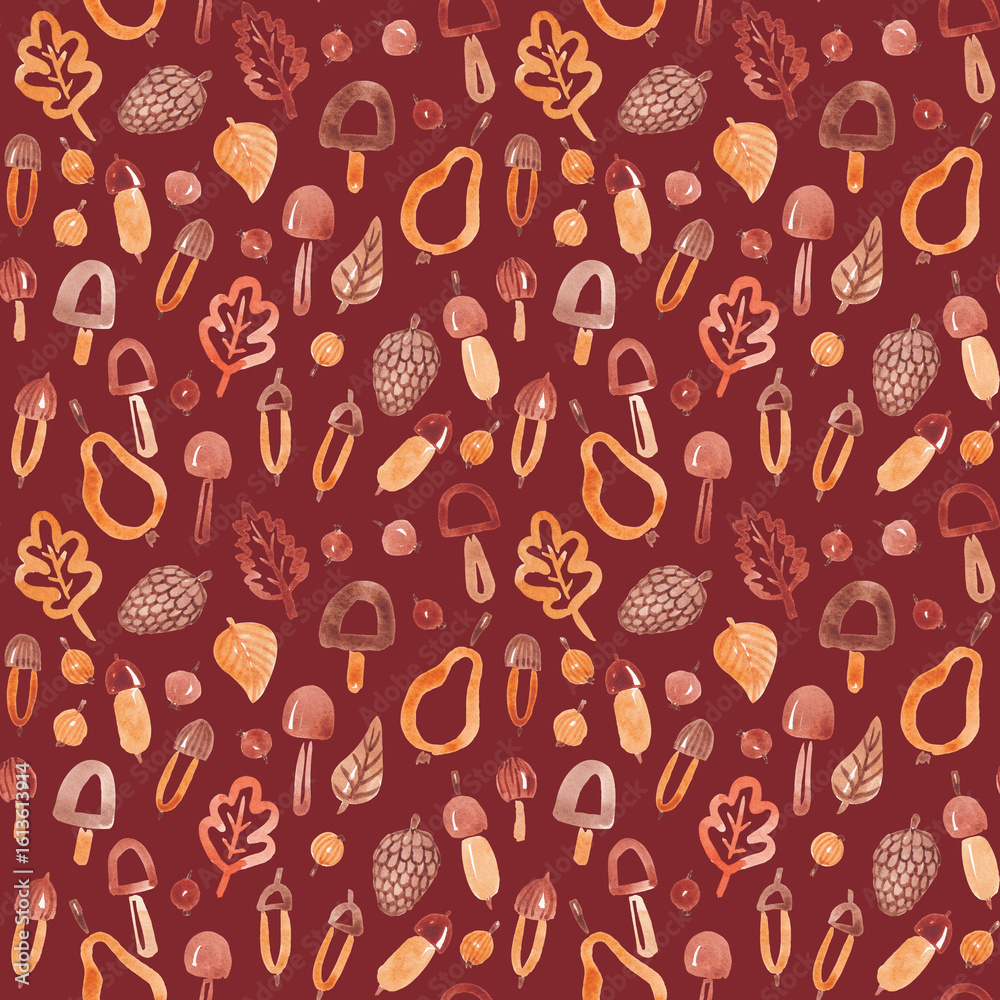 Naklejka premium Fall nature seamless pattern. Fun seasonal design hand drawn with watercolor in cute kid style. Autumn plants background for textile, fabric, wallpaper, packaging