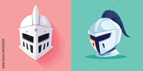 Medieval knight helmets vector illustration set isolated on colored background war protection soldier battle armor costume ancient warrior design element