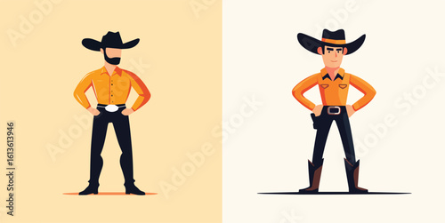 Confident Cowboy Poses Western Sheriff Character Design in Orange Shirt and Cowboy Hat Vector Illustration for Wild West Theme Apparel or Branding