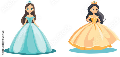 Two Beautiful Princesses in Elegant Gowns and Crowns Vector Illustration Isolated on White Background Perfect for Fairytale and Storybook Projects