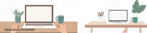 Laptop with blank screen on wooden table with plants and coffee cup, vector illustration for work from home, freelance, home office, online business,