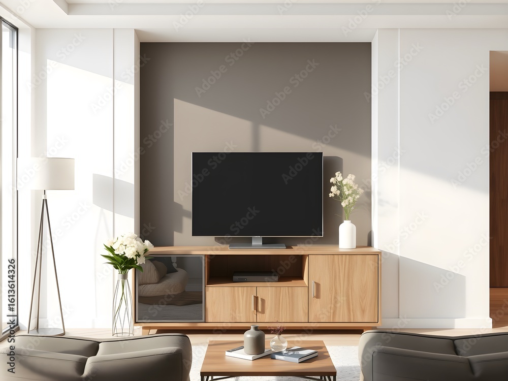 Obraz premium Modern Living Room Interior Mockup with TV Cabinet, Lamp, Table, Flowers, and Indoor Plants (AI Generated)