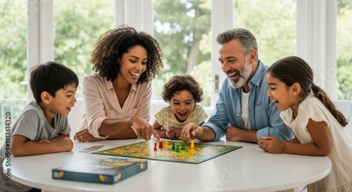 A family playing a board game at a table.