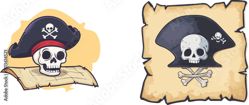 Pirate Skull and Crossbones with Treasure Map and Parchment Scroll Vector Illustration Set for Halloween Party Invitations, Decorations, or Themed Events