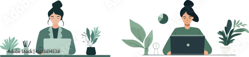 Woman working on laptop at her desk with plants vector illustration set isolated on white background concept for freelance work from home online business
