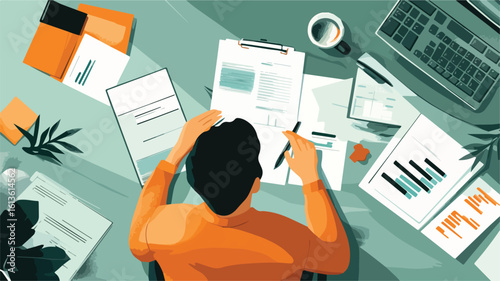Top View of Person Working at Desk with Documents and Laptop Vector Illustration