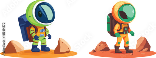 Two Astronauts Exploring New Planets Alien and Human Cosmonaut Characters in Protective Suits with Backpacks Standing on Ground with Stones Vector