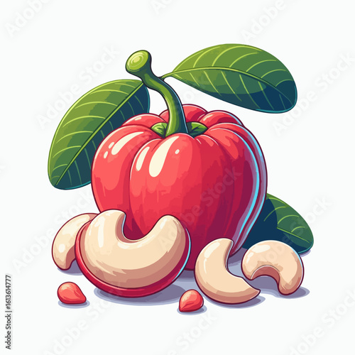 Cartoon style illustration of a rambutan fruit and cashew nuts, presented in a visually appealing arrangement against a white background. are light beige.