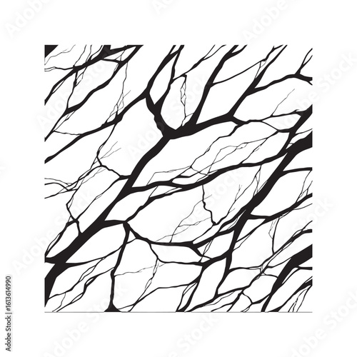 Abstract kintsugi-style cracked marble texture. Seamless black and white vein pattern background