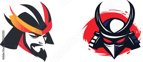 Samurai warrior head vector illustration set for logo mascot esport team or tshirt design with two color variations concept for print web design banner