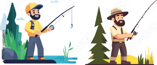 Fishermen fishing with rods on river bank and lake shore vector illustration isolated on white background concept for print web design banner poster
