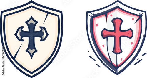 Two medieval shields with cross symbols vector illustration isolated on white background concept for game logo icon and sticker design