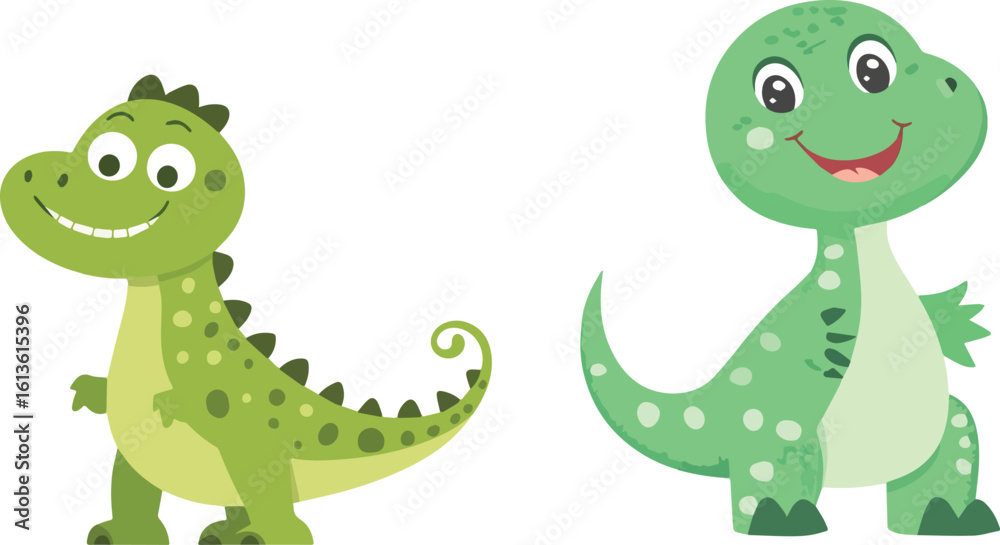 Obraz premium Cute Green Dinosaur Characters Standing and Smiling Vector Set