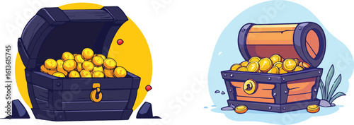 Open and closed wooden chests full of gold coins vector illustration for games apps and websites designs