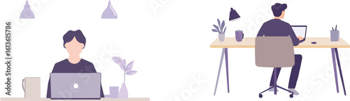 Man working on laptop at desk front and back view vector illustration isolated on white background concept for work from home freelance online business and