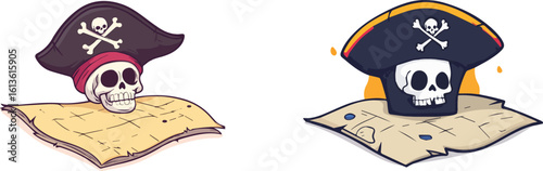 Pirate Skull with Treasure Map Vector Illustration Set for Halloween and Pirate Themed Designs