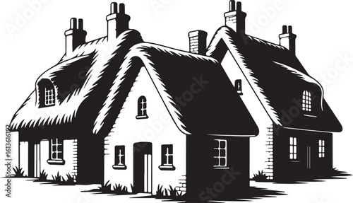 Two thatched roof cottages with chimneys and windows