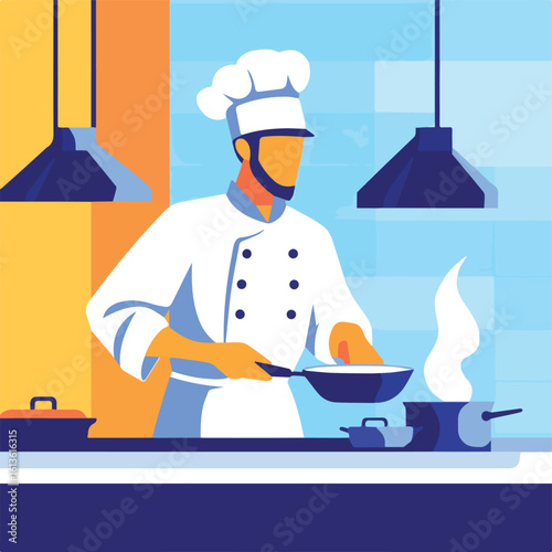 Chef cooking in commercial kitchen with frying pan and saucepan vector illustration for restaurant culinary food blog and professional cooking themes