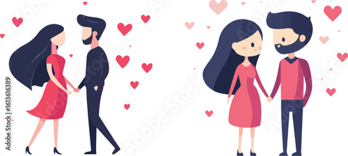 Happy couple in love walking and standing holding hands with floating hearts vector illustration for Valentines Day wedding or anniversary greeting card