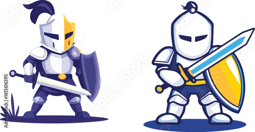 Two Knights Cartoon Characters with Swords and Shields Vector Illustration Isolated on White Background for Game Design Mascot Logo or Avatar