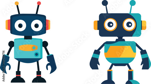 Two cute colorful robots vector illustration isolated on white background perfect for kids projects, websites, and applications