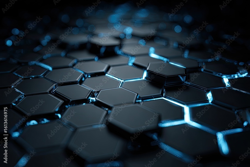 Obraz premium Abstract hexagonal patterned surface with glowing blue accents