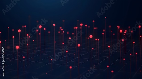 Abstract technology grid with glowing red data points rising up. Concept of information transfer, data processing, server network, or digital landscape.