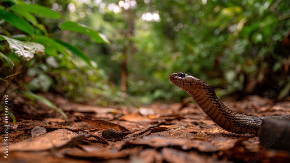 Fototapeta premium A snake navigates through a vibrant tropical forest, blending with its surroundings.