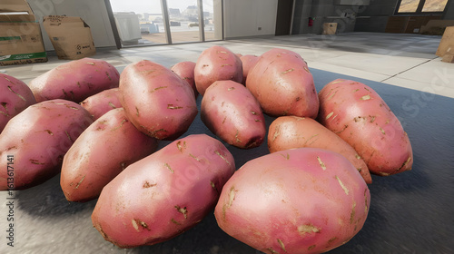 Pile of fresh, reddish-pink potatoes on a surface inside a warehouse.  Several potatoes are clustered together, showing bumpy skin