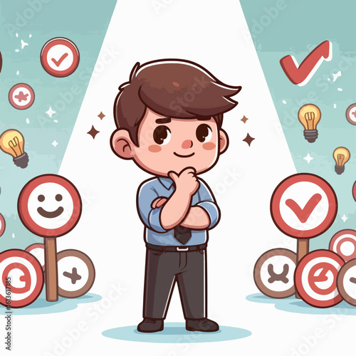 Cartoon business person, standing with arms crossed, appears thoughtful and poised against a backdrop of icons signifying success and achievement.  The spotlight highlights the character.