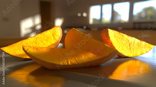 Slices of bright orange fruit,  illuminated by sunlight,  resting on a reflective surface.  Interior setting visible in background