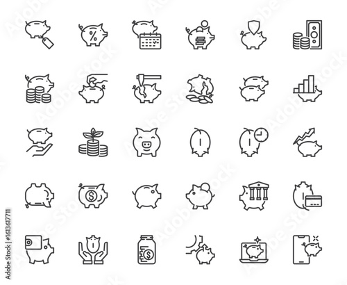 Simple collection of piggy bank with multi related icon white background, saving money investment and finance concept, 48x48 pixel perfect icon editable stroke for website, mobile app, media, ux, ui