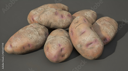 Pile of potatoes, various sizes and shapes, with visible blemishes and natural dirt