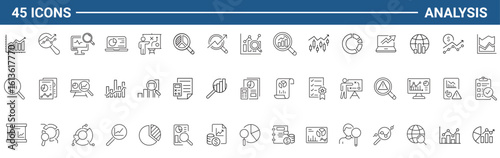 Set of outline icons related to analysis, infographic, analytics. Icons for Web and Mobile App. Editable stroke. Vector illustration. 