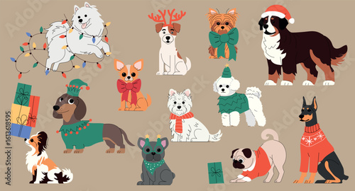 Cute Christmas dog illustration set featuring various breeds in festive outfits. Includes sweaters, bows, hats, antlers, lights, and gifts. Holiday themed cartoon pets on beige background. Vector