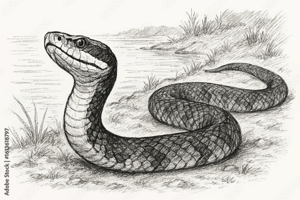 Fototapeta premium realistic drawing of a black cobra snake, nature inspired wildlife art featuring a serpent coiled by a riverbank with detailed textures