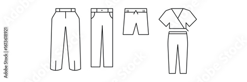 Garments icon collection with pants, trousers, shorts, crop top, joggers in outline style vector illustration for fashion shop elements.