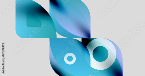 Abstract shapes overlap, creating soft blue gradients. Minimalist design with circular and rectangular forms. Light background enhances visual depth.
