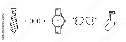 Fashion accessories icon set with necktie, bow tie, wrist watch, sunglasses, socks, outline style vector illustration elements pack.