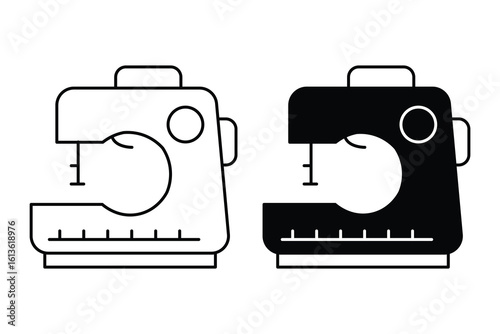 Modern sewing, tailoring machine, outline symbol, fashion equipment, fabric sewing machine, garment tool, needle icon, black and white vector illustration.