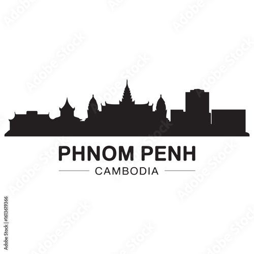 Phnom Penh skyline horizontal banner. Phnom Penh, Cambodia. Vector template for your design. Vector black silhouette. with white background