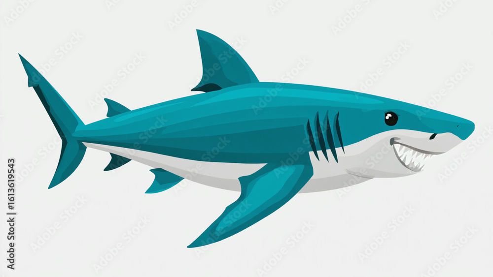 Naklejka premium Cartoon Teal Shark Smiling Against White Background