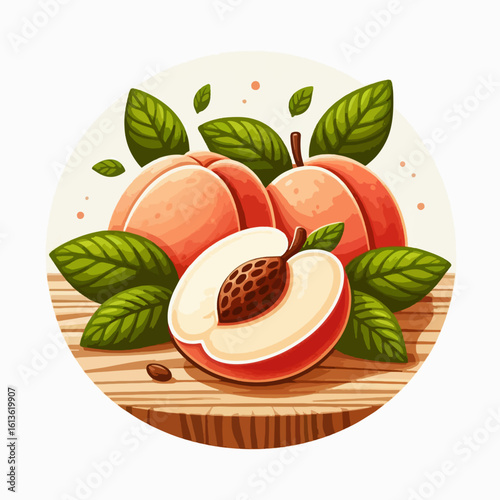 Vibrant graphic illustration of two whole peaches and a half peach on a wooden surface, accompanied by leaves.