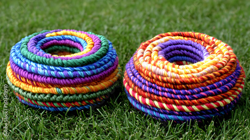 Colorful fabric rings stacked on green grass.  The rings are tightly wound, showing layers of various vibrant colors, including purples, greens, oranges, and reds