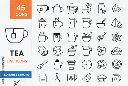 45 Tea Line Icons – Teacup, Teapot, Tea Bag, Herbal Leaves, Honey, Cup, Mug, Matcha, Clock & More – Editable Stroke Vector Pack for Cafes, Menus & Wellness Projects