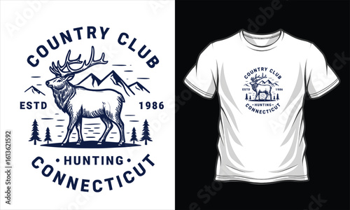 Connecticut Country Club Hunting T-Shirt Design – Vintage Elk Emblem and Mountain Badge for Hunters, Outdoorsmen, and Rustic Lodge Wear