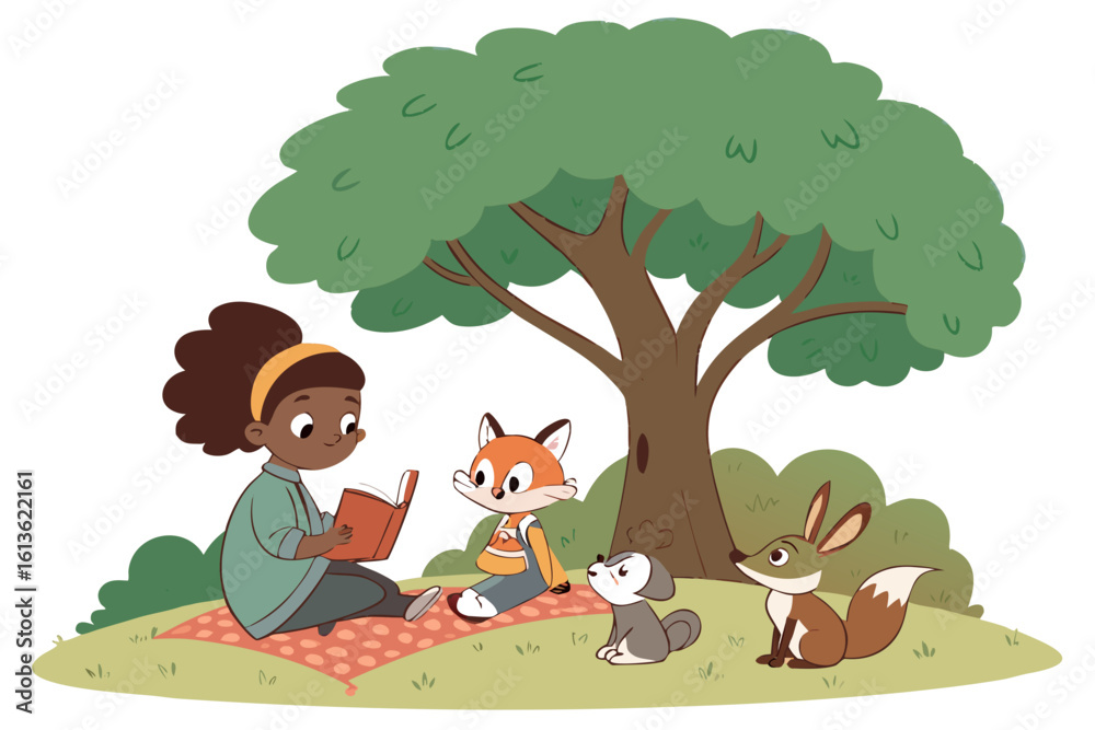 Fototapeta premium Girl reading a book to friendly forest animals under a large tree