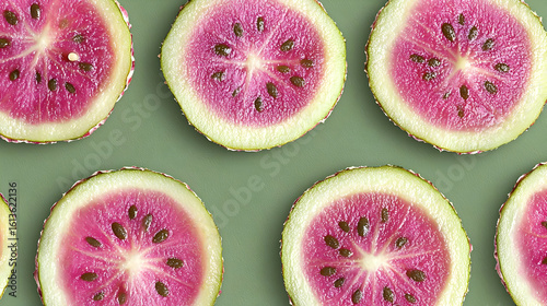 Fresh pink watermelon slices arranged in a symmetrical pattern on a muted green background.  Each slice displays the interior seeds and light green rind